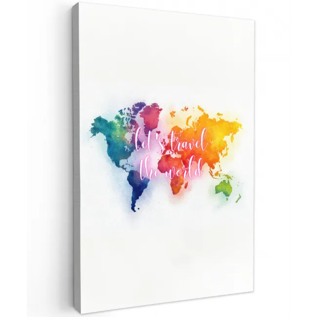 Travel - Quote - Regenboog - Wereldkaart Tuinposter op houten frame 2 cm dik middel -3d