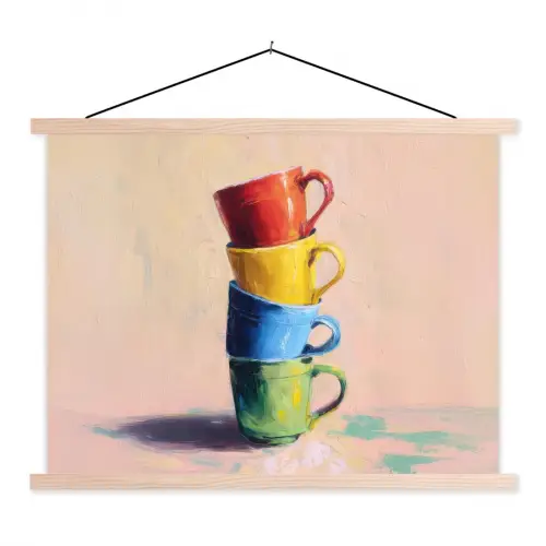 Mokken - Gestapeld - Keramiek - Kleurrijk textielposter latten blank klein -3d