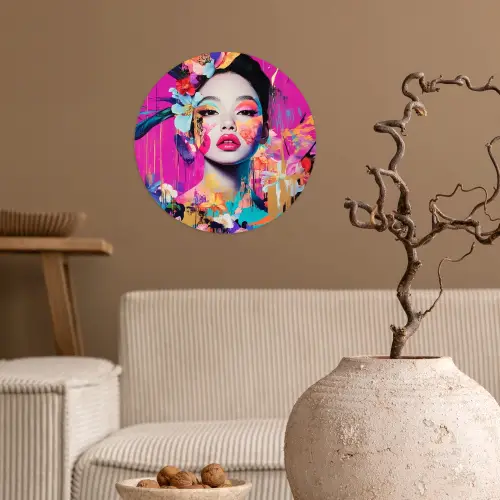 Vrouw - Portret - Abstract - Paars Wandcirkel behangsticker klein -sfeer1