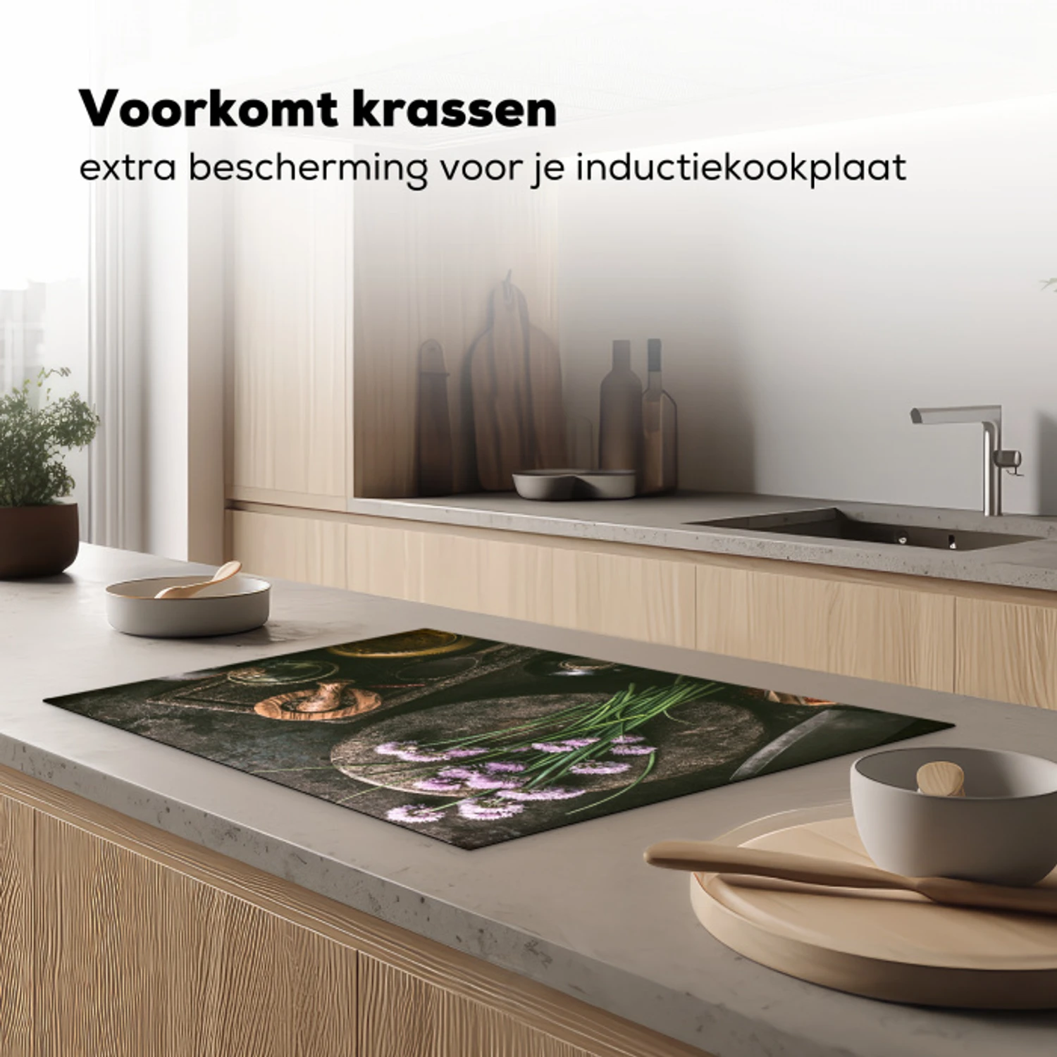 Bieslook Bloesem en Antieke Keukenwaren Inductie beschermer vinyl 3mm klein -sfeer1