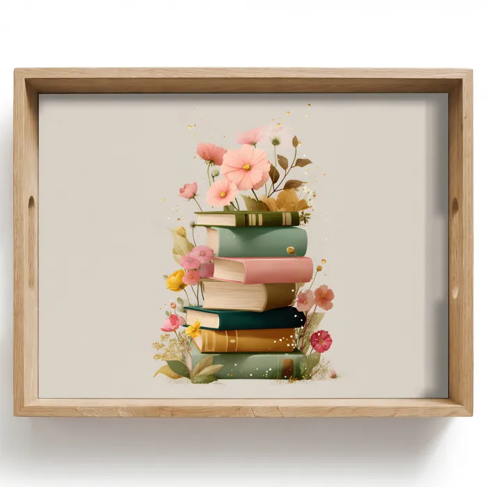 Boeken - Stapel - Bloemen - Kleurrijk Dienblad Rechthoek middel -z3d_shopping