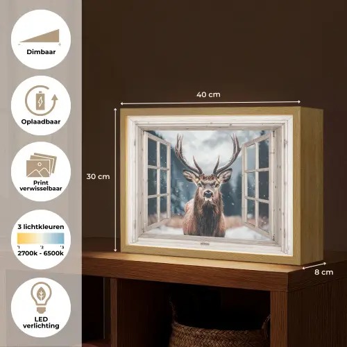 Hert - Dieren - Landschap - Winter - Sneeuw - Doorkijk - Natuur Light Box met batterij (Wandlamp) middel -USP_websiteoverzichtNL