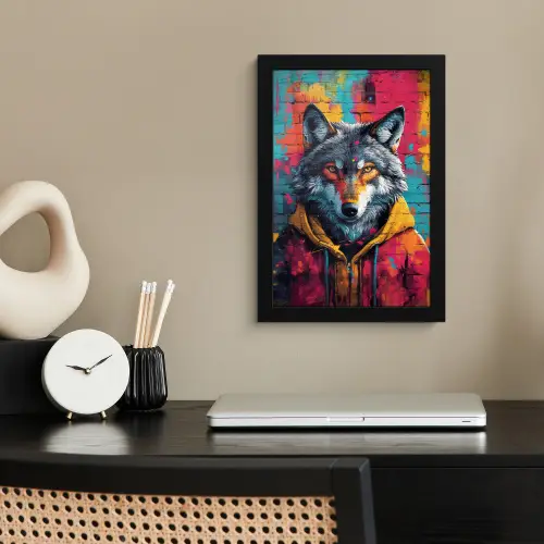 Graffiti - Wolf - Street art - Blauw fotolijst zwart zonder passe partout klein -sfeer1