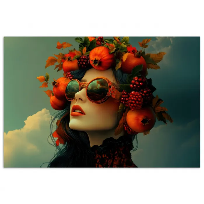 Vrouw - Granaatappel - Herfst - Zonnebril poster papier klein -3d