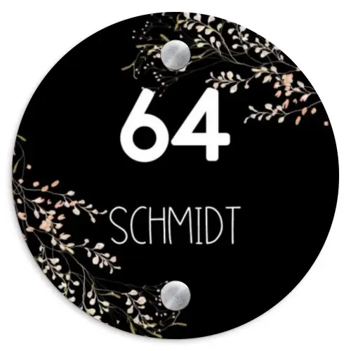 Botanisch - Zwart - Modern Naambord Rond klein -3d