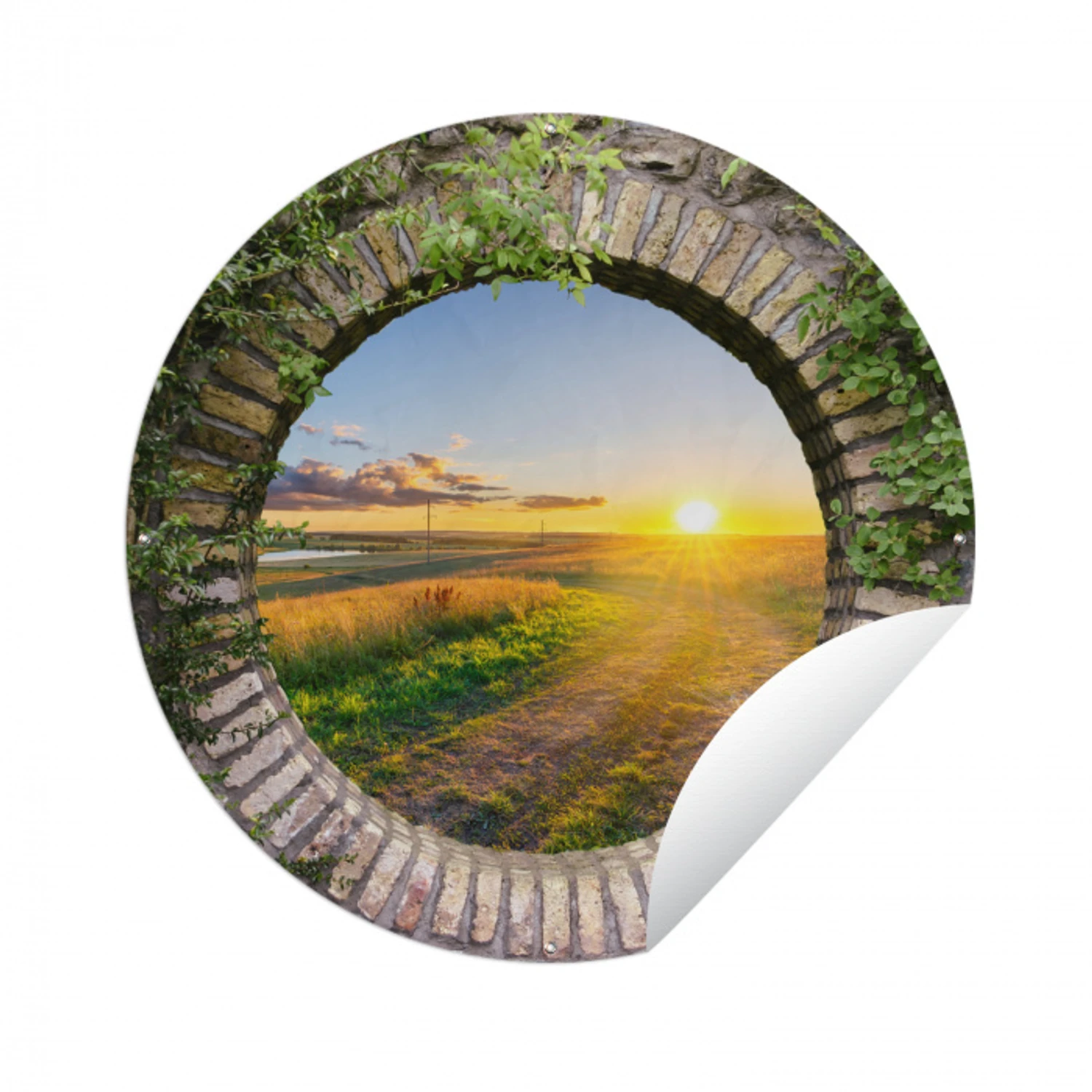 Platteland - Doorkijk - Zon Wandcirkel tuinposter met ringen klein -3d