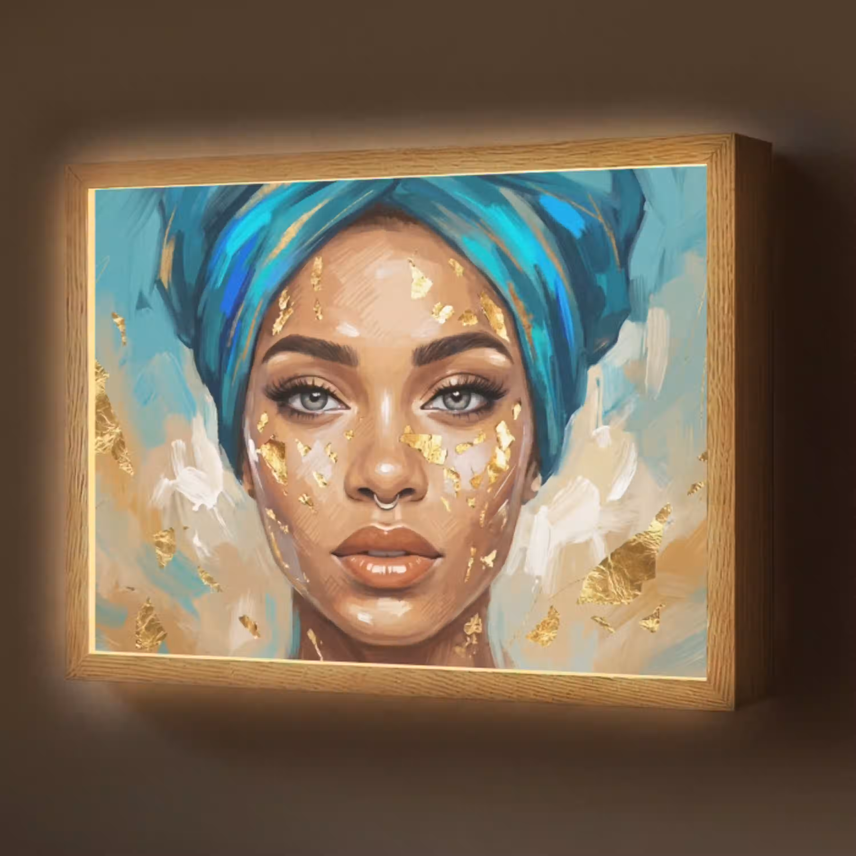 Portret - Vrouw - Schilderij - Blauw - Goud - Expressief Light Box met batterij (Wandlamp) middel -z3d_website