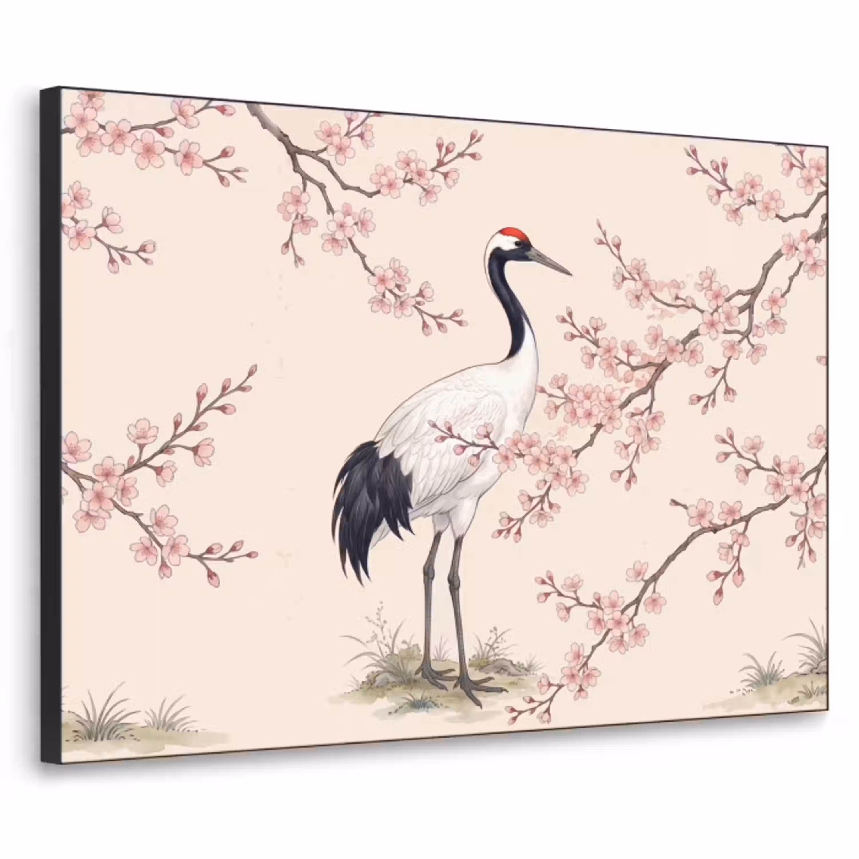 Aziatisch - Kraanvogel - Beige Textielframe zwart klein -3d