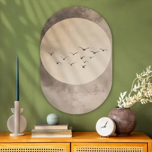 Vogel - Beige - Japandi Wandcirkel Ovaal Glas middel -sfeer2