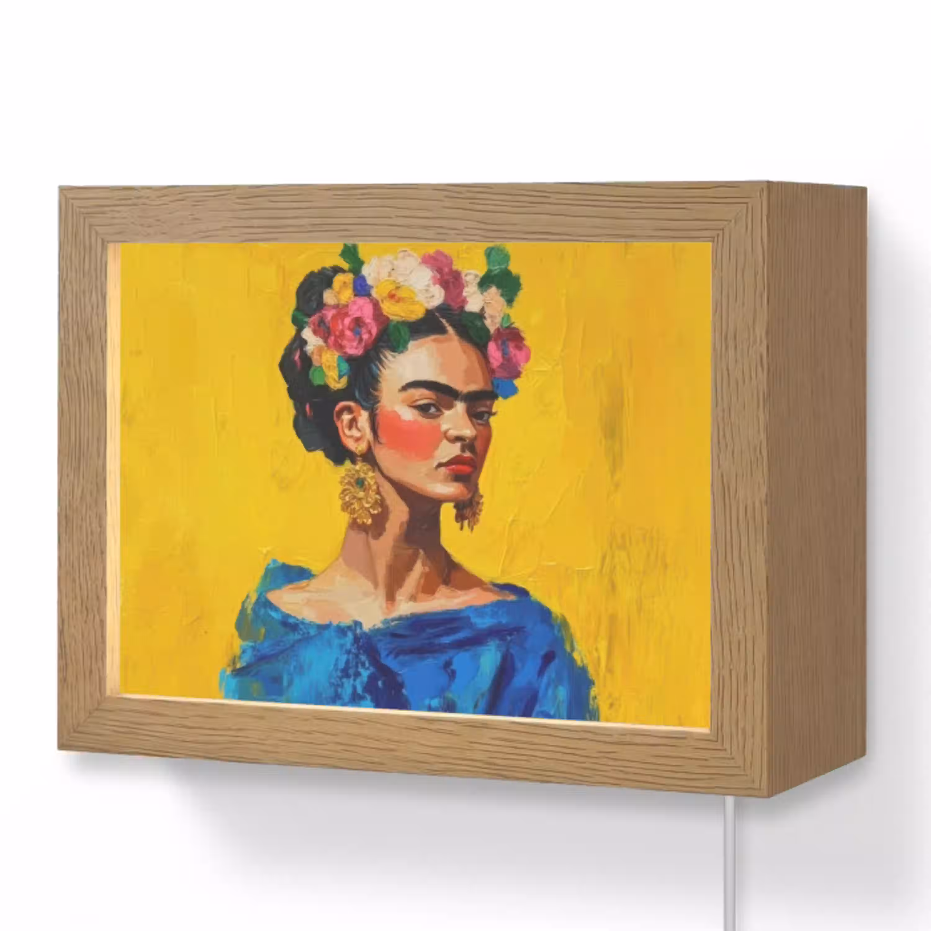 Frida Kahlo - Vrouw - Geel - Blauw - Bloemen Light Box met kabel (Wandlamp) klein -3d