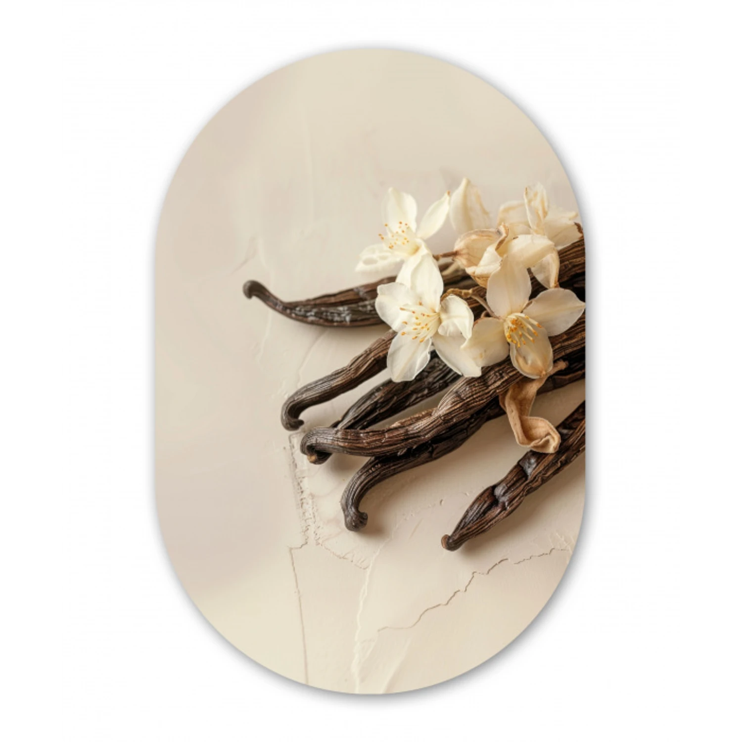 Vanille - Bloemen - Beige Wandcirkel Ovaal Glas middel -3d