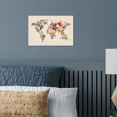Wereldkaart - Bloemen - Roze poster papier klein -sfeer2