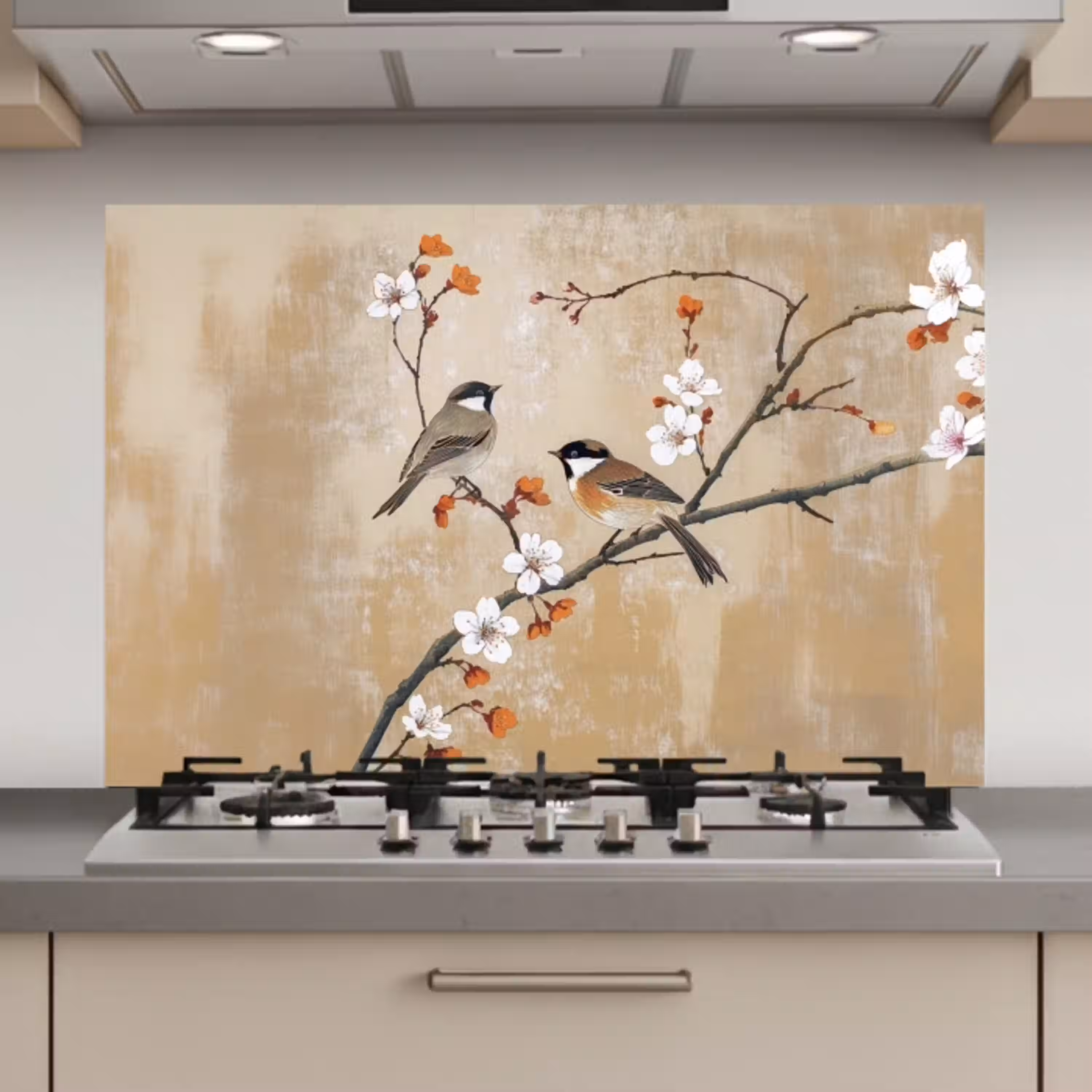 Vogels - Bloesemtak - Bloemen - Oranje keuken achterwand spatscherm klein -3d_website