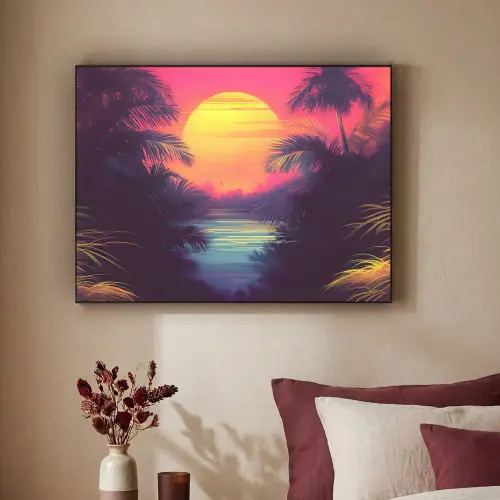 Zon - Geel - Palmbomen - Tropisch Textielframe zwart klein -sfeer1
