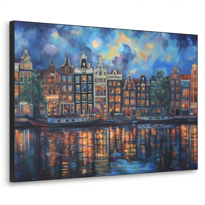 Grachten Amsterdam - Huizen - Stad - Kleurrijk Textielframe zwart klein -3d