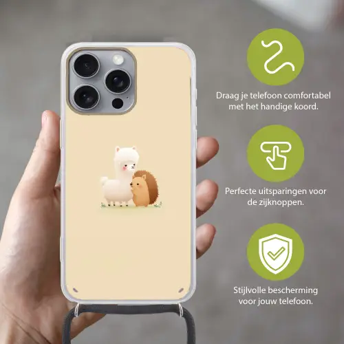 Alpaca - Egel - Bruin - Knuffelen Hoesje iPhone 16 Pro Max met koord klein -sfeer2_NL