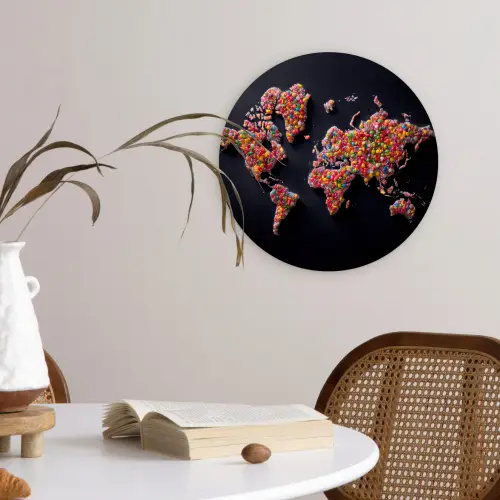 Wereldkaart - Snoepjes - Felle kleuren Wandcirkel plexiglas klein -sfeer4