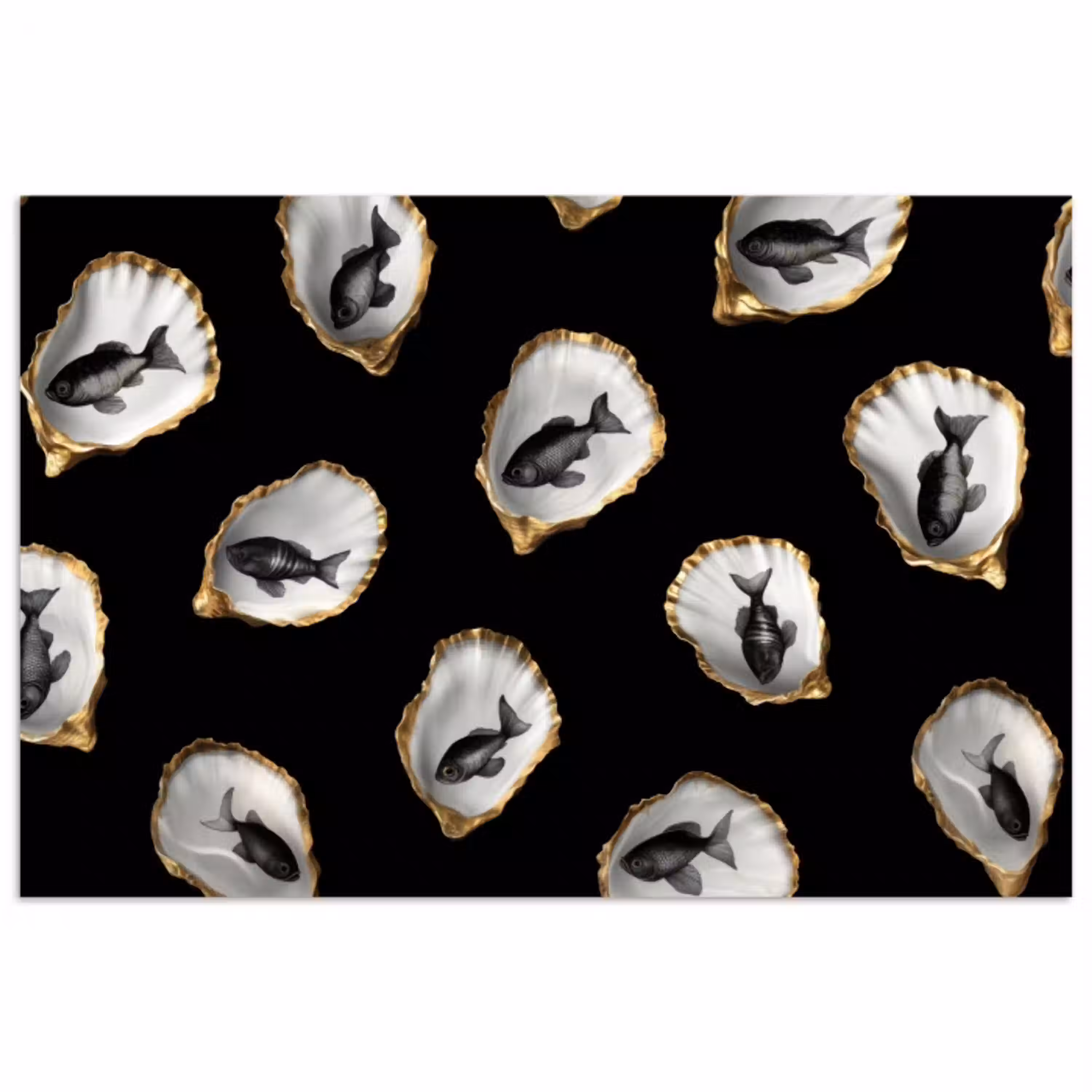 Oesters - Zwart - Vissen - Goud poster papier klein -3d