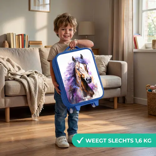 Aquarel paard met paarse manen Kinderkoffer - Blauw klein -sfeer2_NL