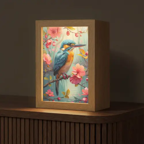IJsvogel - Bloesem - Natuur - Vogels - Bloemen Light Box met kabel (Tafellamp) klein -z3d_website