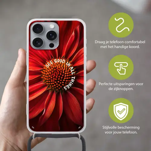 Close up - Bloem - Quote - Rood Hoesje iPhone 16 Pro Max met koord klein -sfeer2_NL