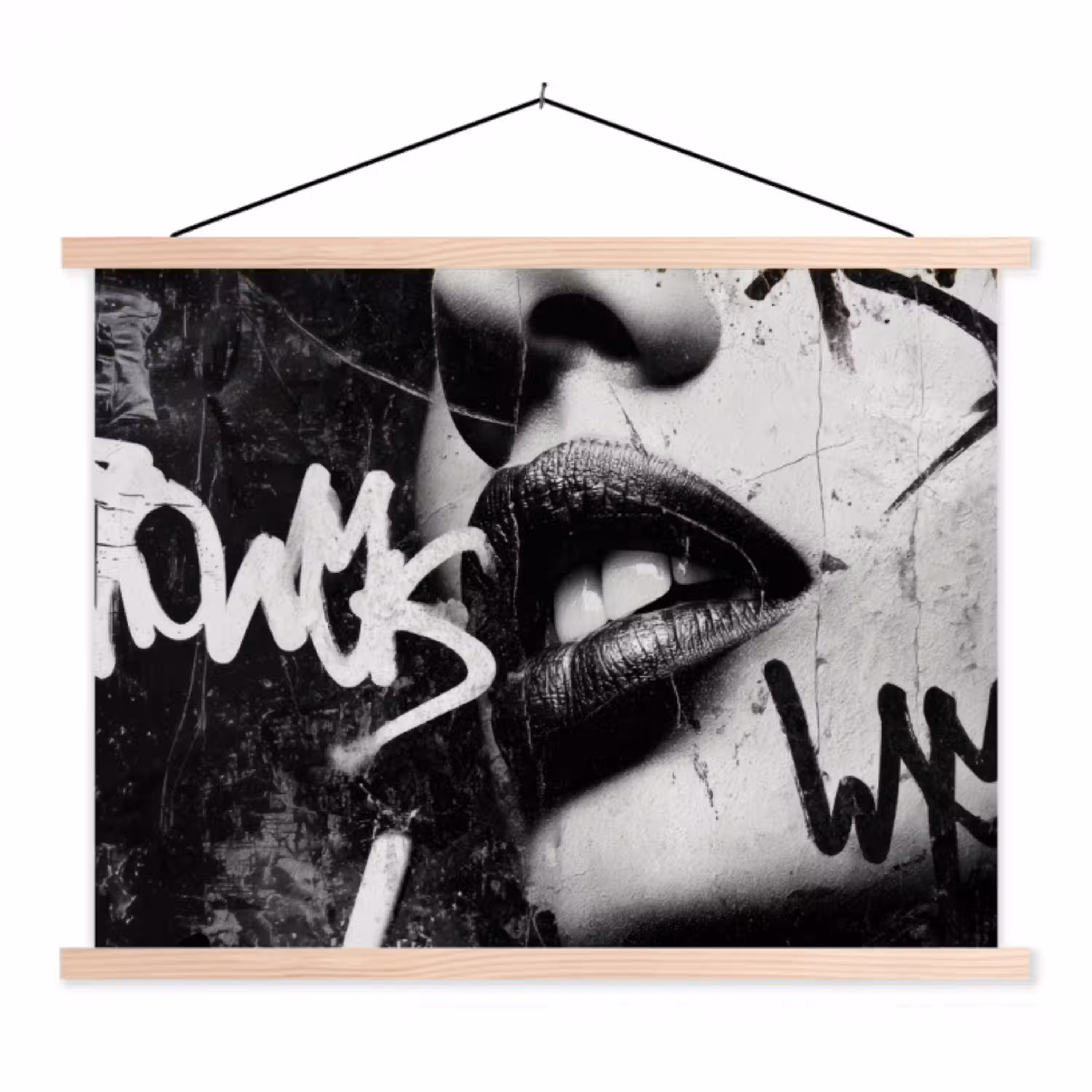 Gezicht - Mond - Graffiti - Zwart textielposter latten blank klein -3d
