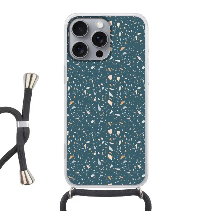 Terrazzo -  Patroon - Kleurrijk - Diep blauw Hoesje iPhone 16 Pro Max met koord klein 804 -3d