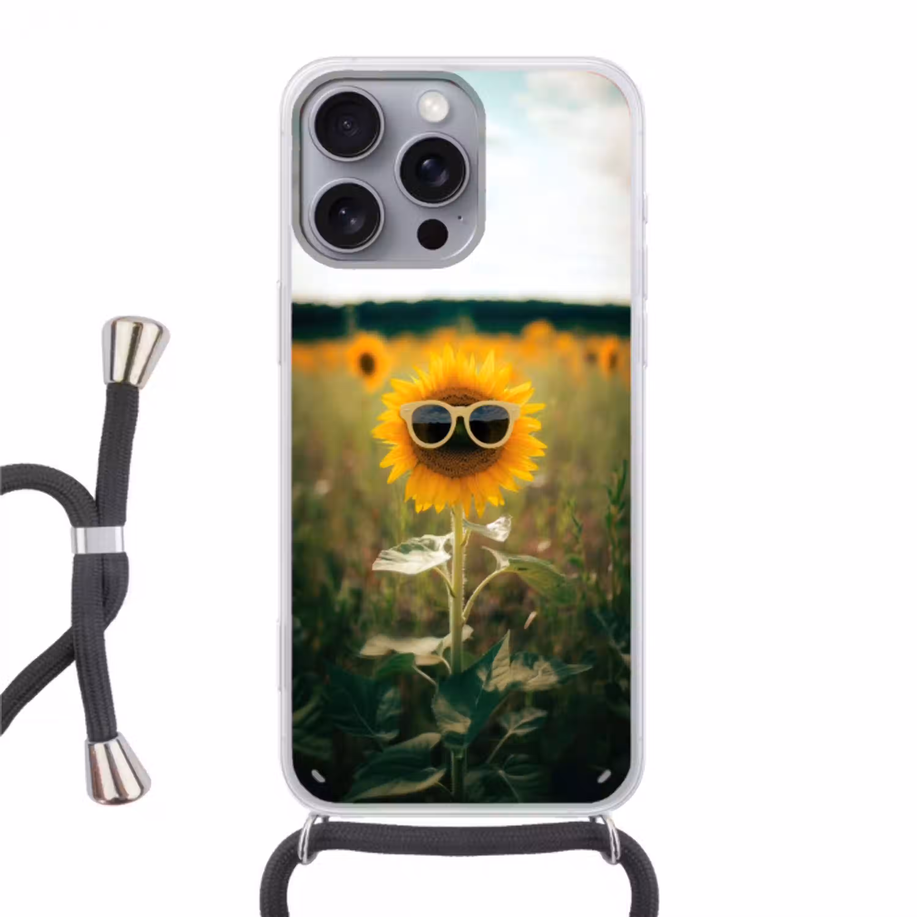 Zonnebloem - Veld - Zonnebril Hoesje iPhone 16 Pro Max met koord klein -3d