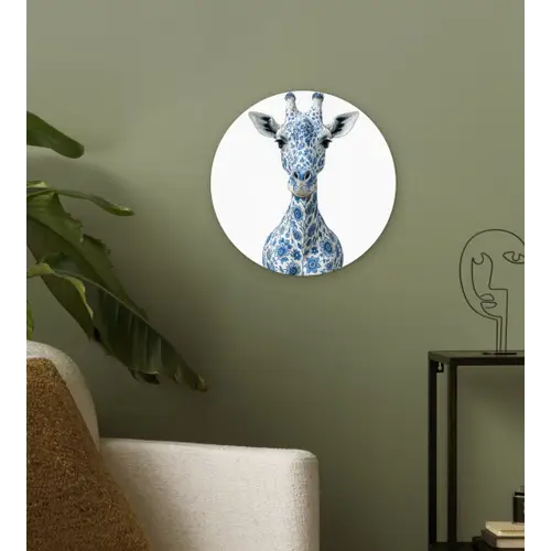 Giraffe - Delfts blauw - Dieren - Minimalistisch Wandcirkel kunststof plaat 5mm dik klein -sfeer3