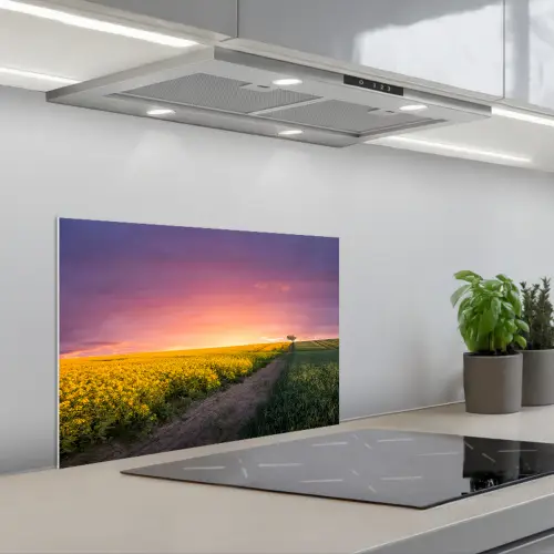 Bloemen - Weg - Lucht - Geel - Paars - Zonsondergang - Natuur keuken achterwand spatscherm klein -3d_schuin