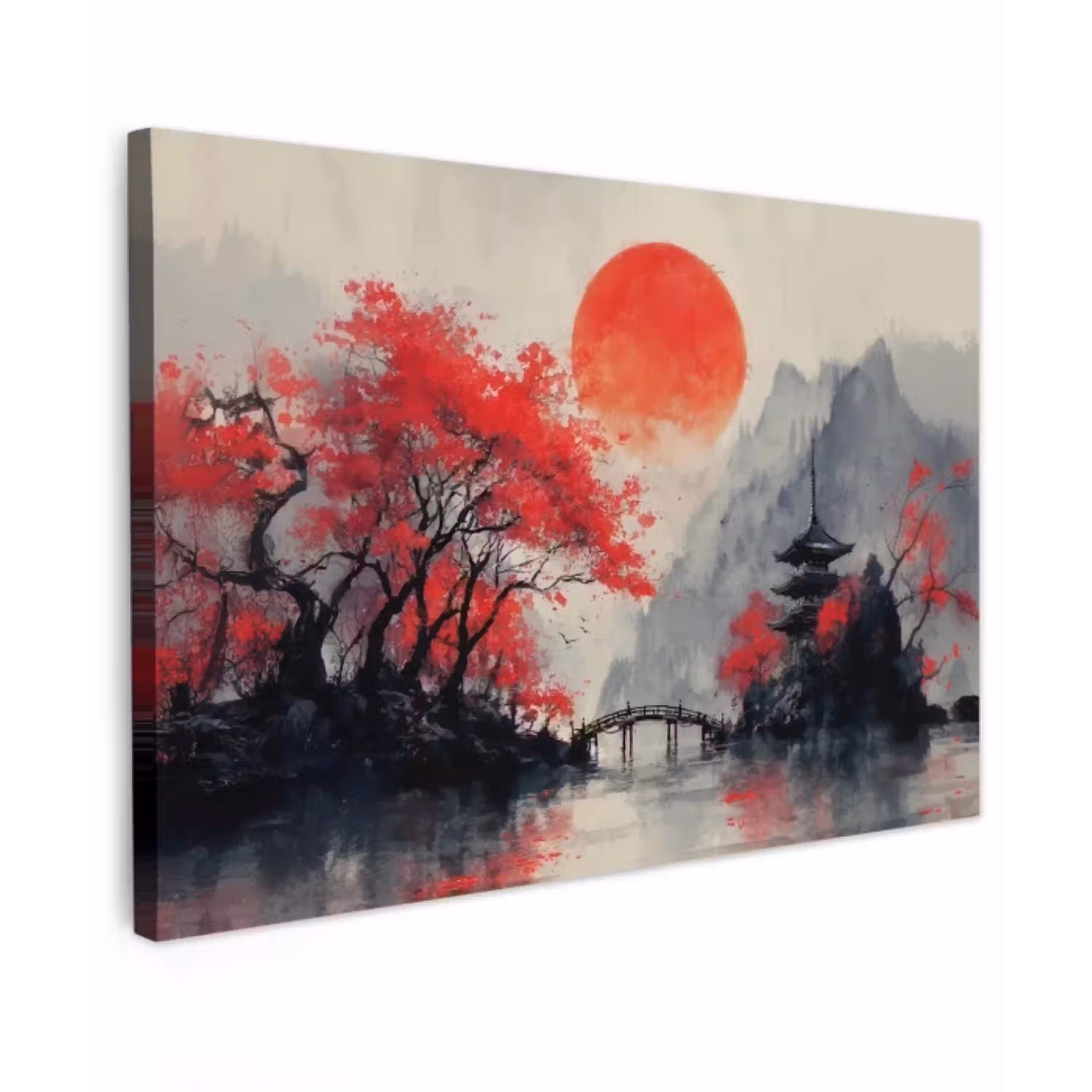 Rode zon - Rivier - brug - Bomen canvas 2cm klein -z3d