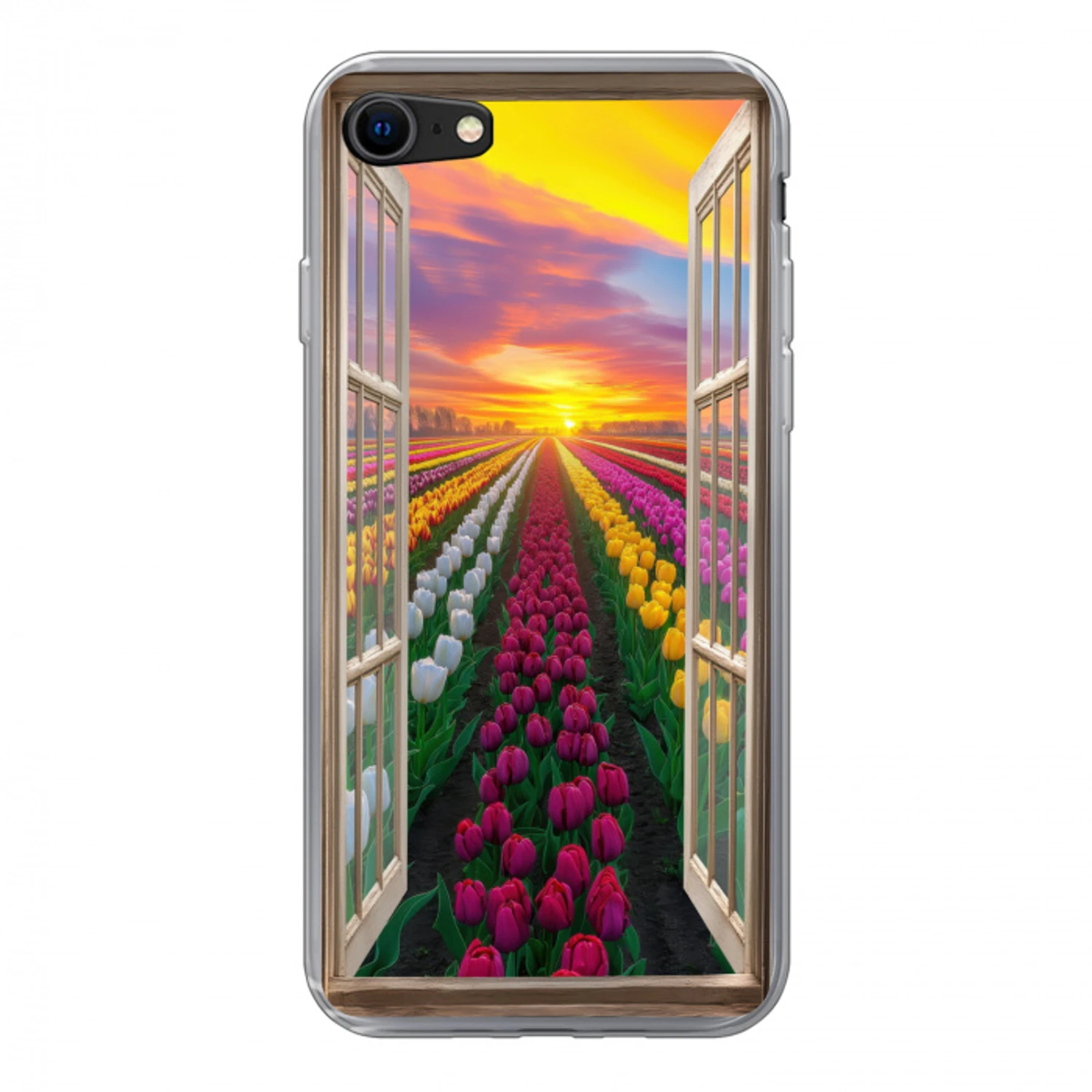 Doorkijk - Bloemen - Tulpen - Kleurrijk - Zonsondergang Telefoonhoesje iPhone 7 klein -3d