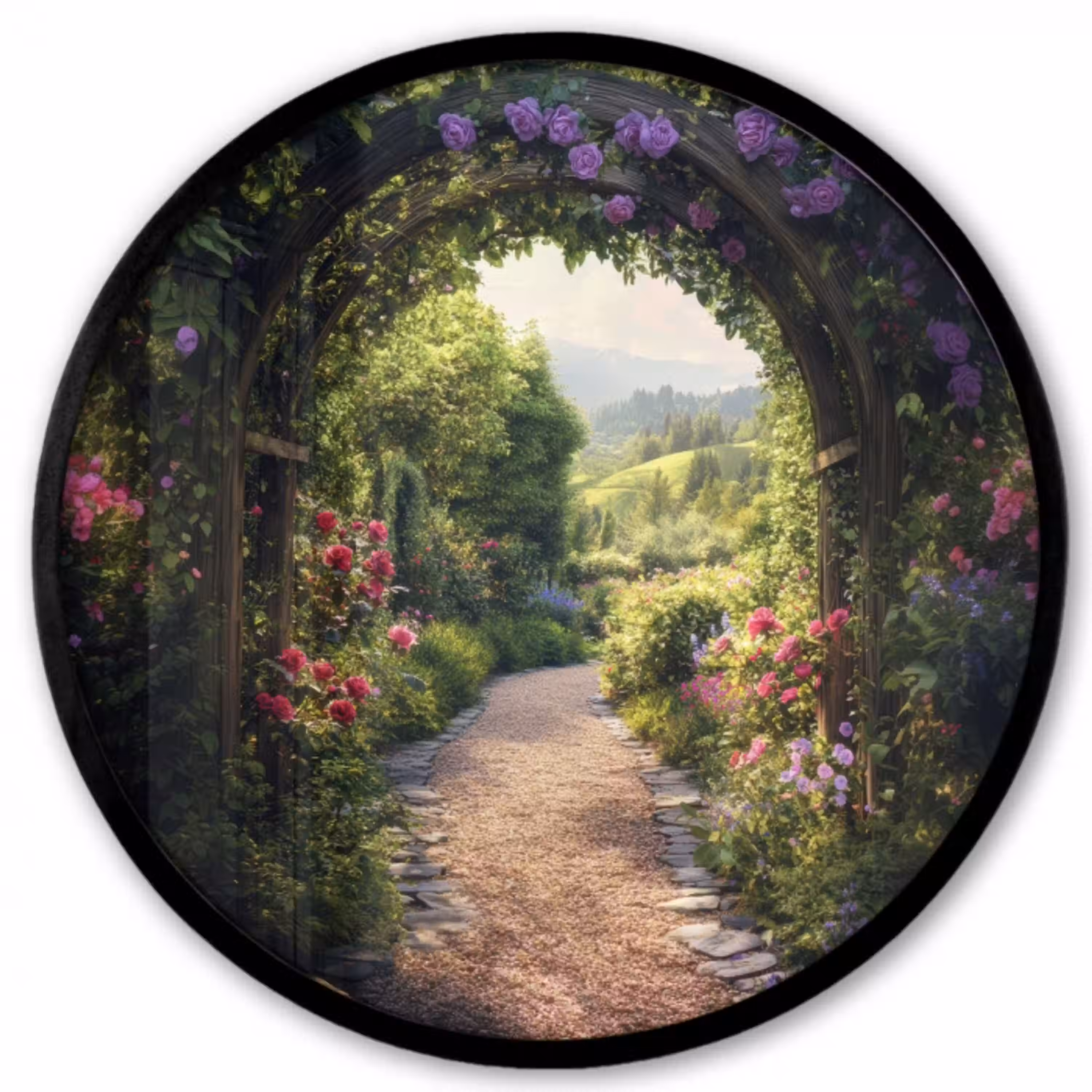 Doorkijk - Landschap - Bloemen - Tuinboog - Natuur Fotolijst rond zonder passe partout klein -3d