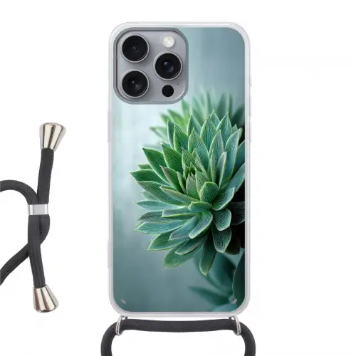 Vetplant - Bladeren - Groen - Wazig Hoesje iPhone 16 Pro Max met koord klein -3d