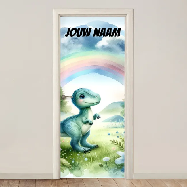 Deursticker met naam - Dinosaurus - Regenboog - Kleurrijk