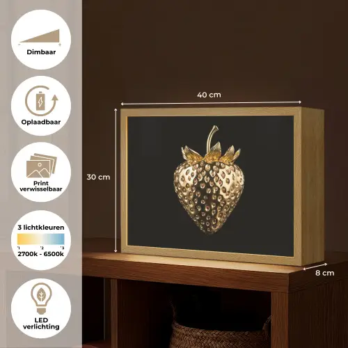 Aardbei - Goud - Zwart - Chrome Light Box met batterij (Wandlamp) middel -USP_websiteoverzichtNL