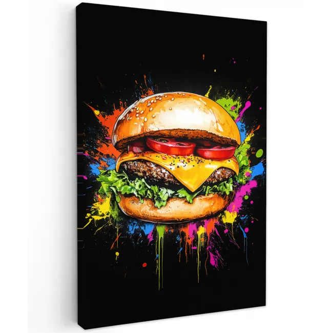 Hamburger - Graffiti - Verf - Kleurrijk - Eten - Abstract Tuinposter op houten frame 2 cm dik klein -3d