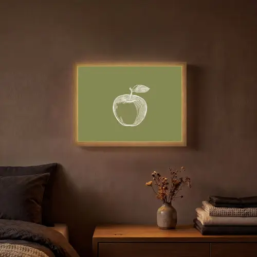 Lijntekening - Appel - Olijfgroen - Blaadje Light Box met batterij (Wandlamp) middel -sfeer4