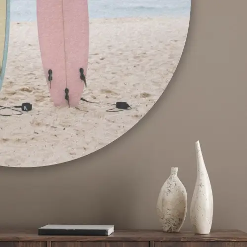 Surfboard - Palmbomen - Kleurrijk Akoestische PET Vilt - Rond klein -sfeer5_closeup