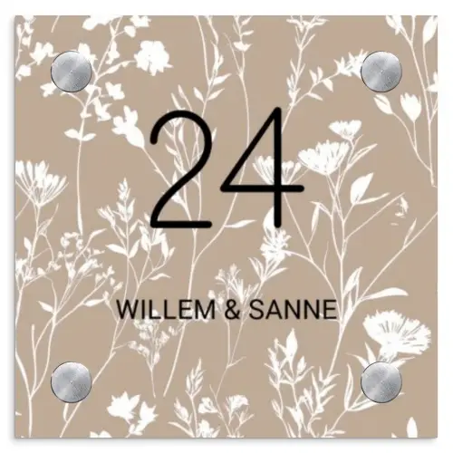 Beige bloemmotief - Klassiek Naambord Vierkant klein -3d