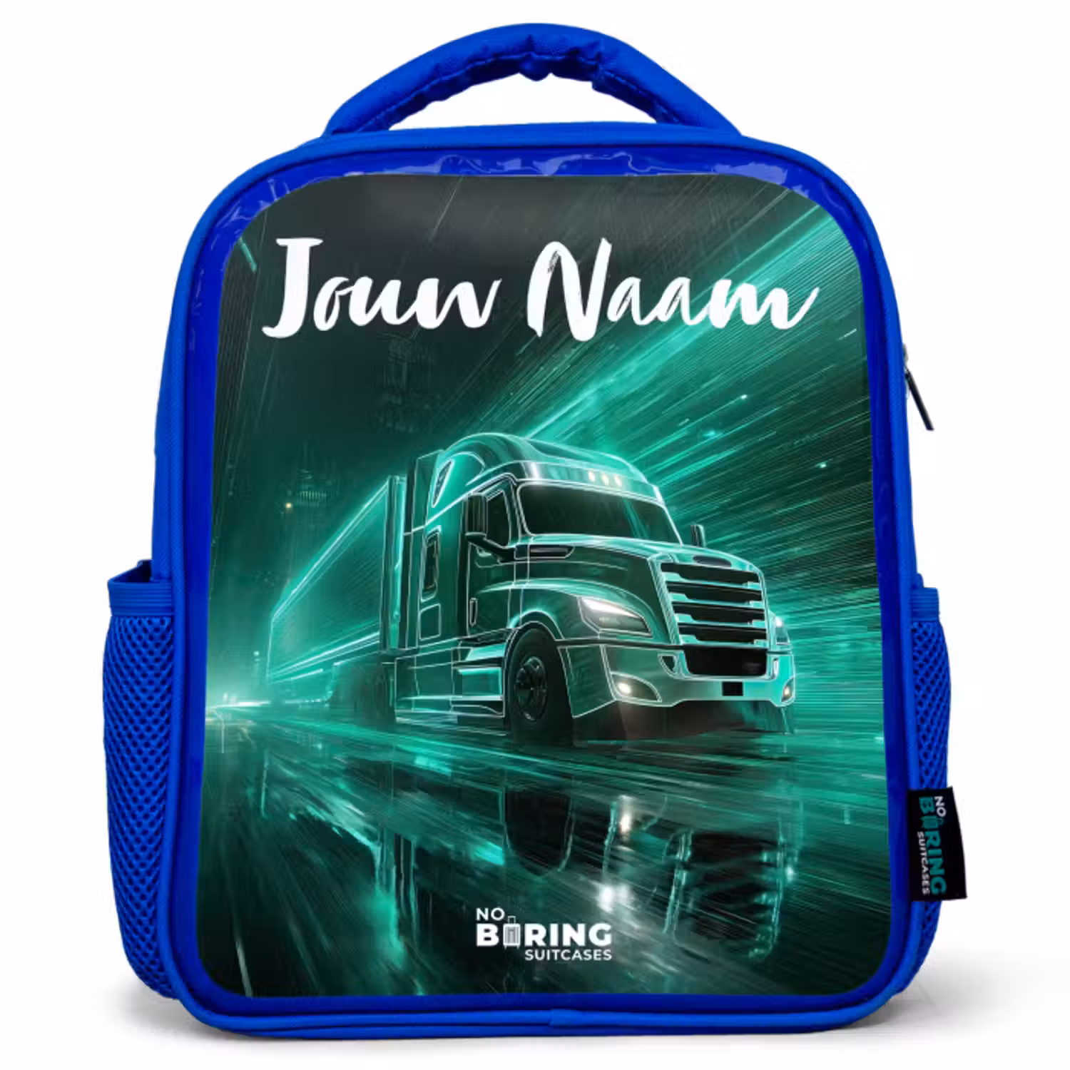 Kinderrugzak met naam - Blauw - Vrachtwagen - Stad - Groen - Neon