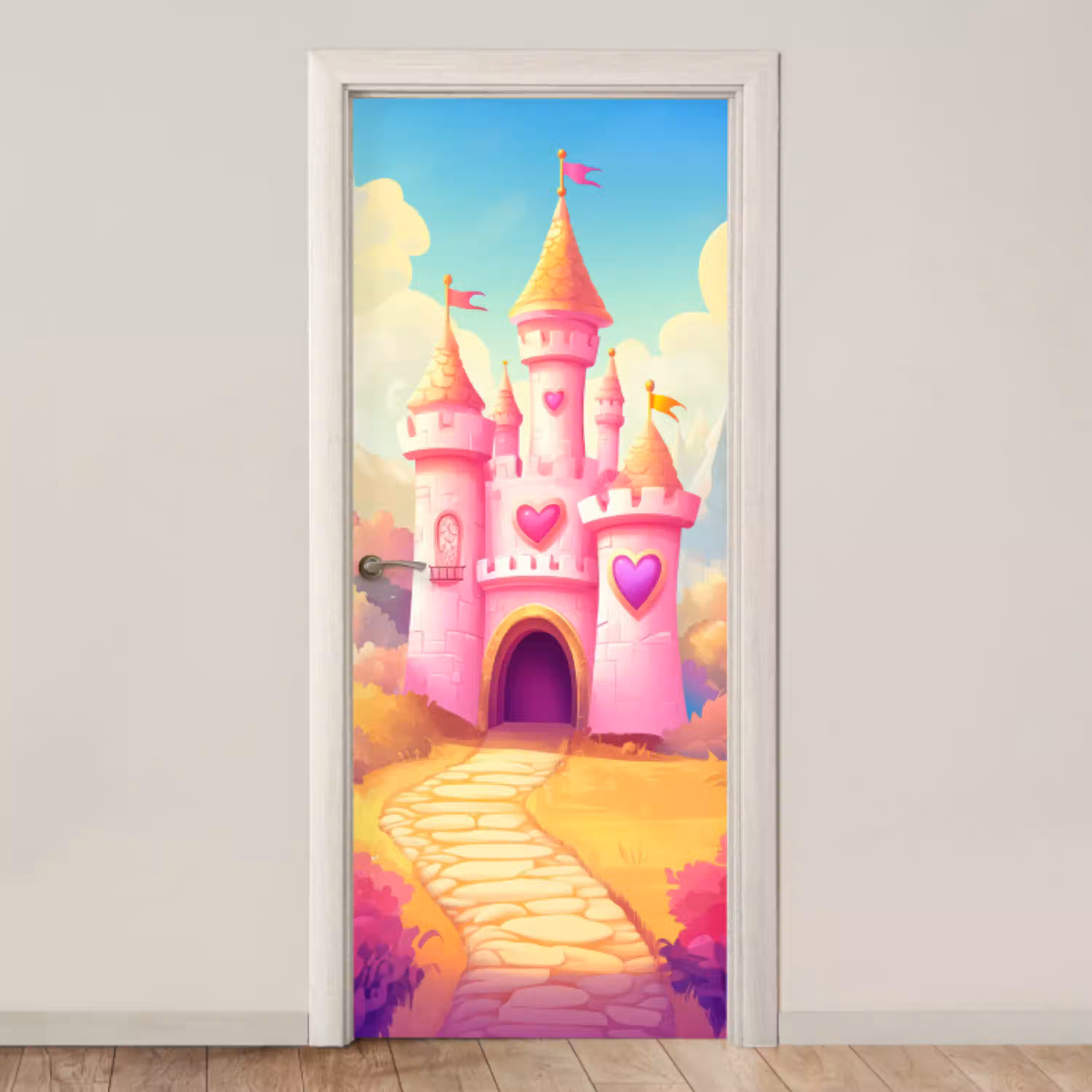 Kasteel - Roze - Pad - Sprookje - Fantasie deurposter klein -3d_beige