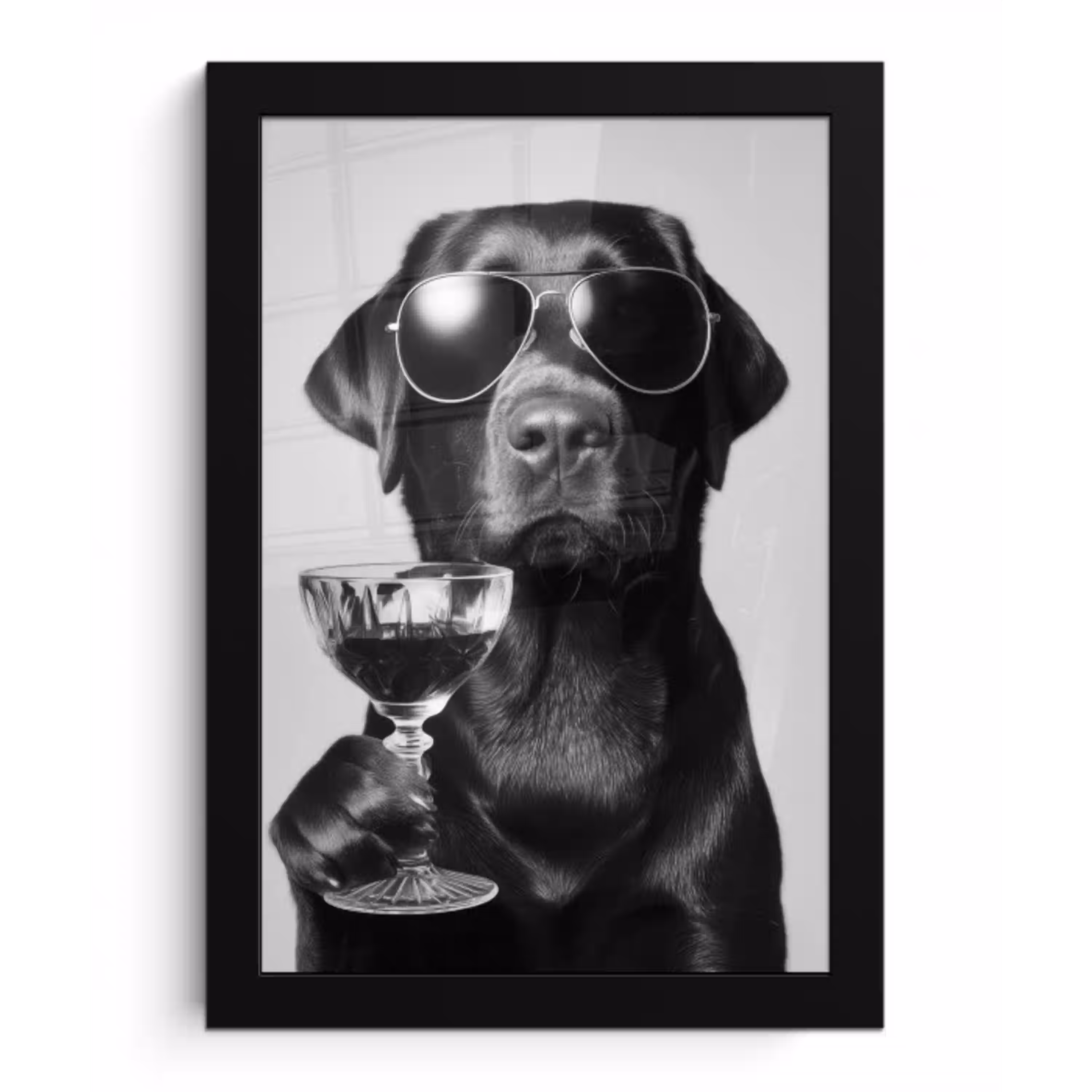 Hond - Zwart - Wijnglas - Zonnebril fotolijst zwart zonder passe partout klein -3d