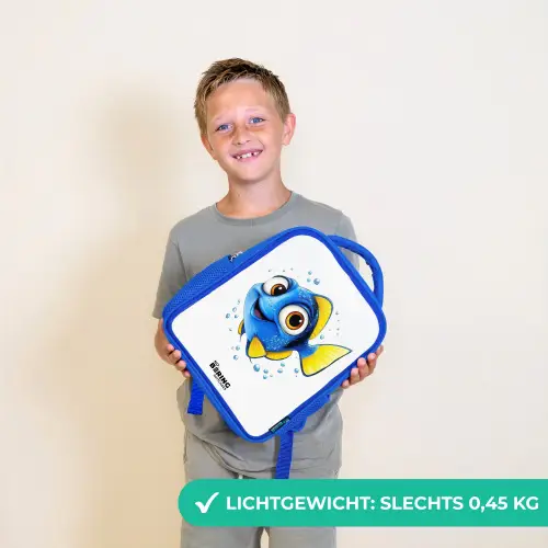 Blauwe vis met gele vinnen en vrolijke blik Kinderrugzak - Blauw middel -sfeer1_NL