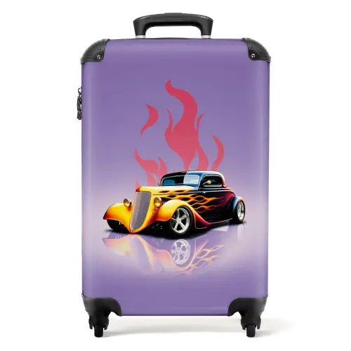 Gele auto met roze vlammen NBS - Handbagage koffer - Unisex middel -productfoto_recht