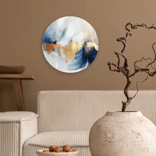 Goud - Blauw - Watercolor - Kunst - Modern Wandcirkel kunststof plaat 5mm dik klein -sfeer1