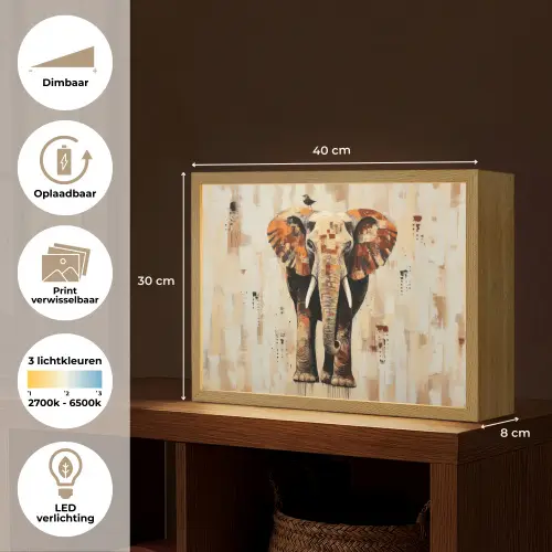Olifant - Slurf - Mozaïek - Abstract Light Box met batterij (Wandlamp) middel -USP_websiteoverzichtNL