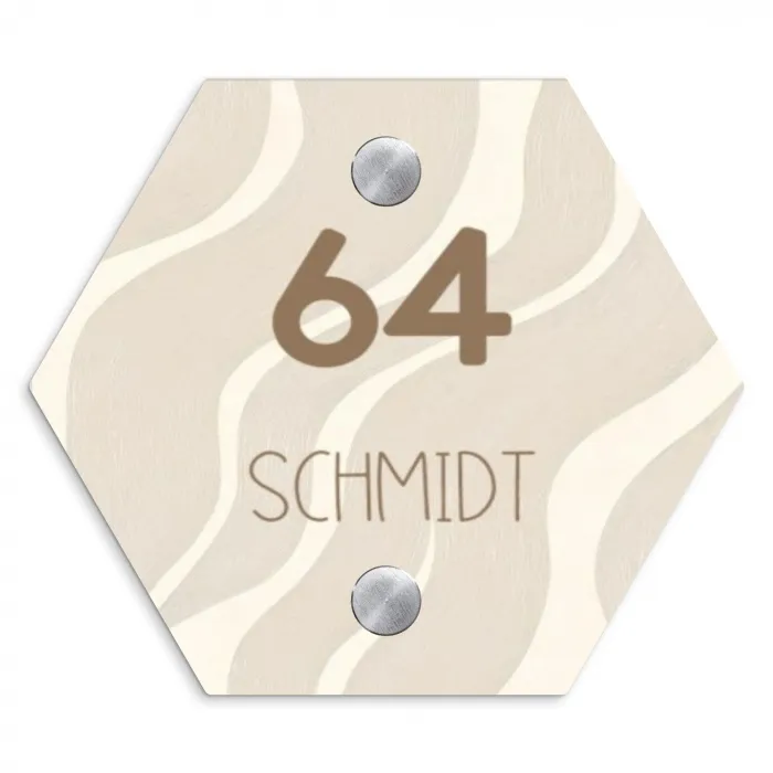 Beige golven - Modern Naambord Hexagon klein -3d
