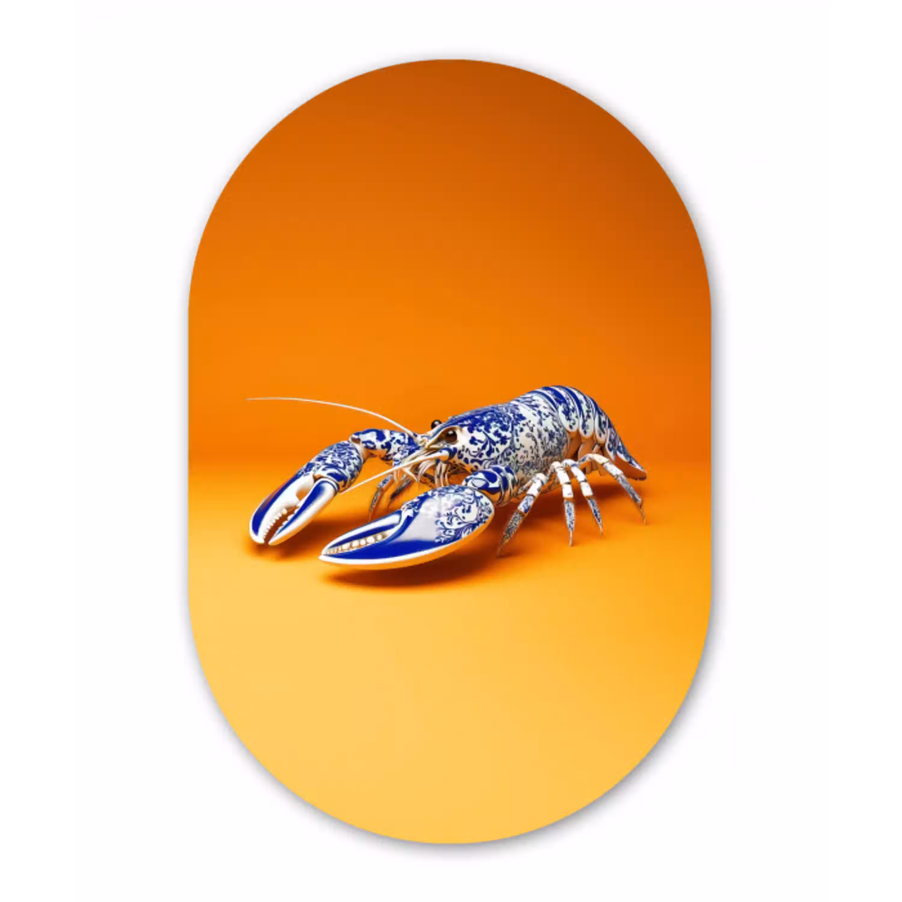 Kreeft - Delftsblauw - Schild - Stoer - Oranje Wandcirkel Ovaal Glas middel -3d