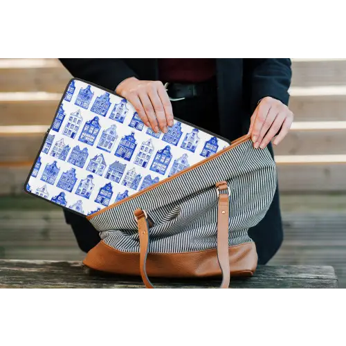 Patroon - Huizen - Blauw laptophoes neopreen klein 279 -tas